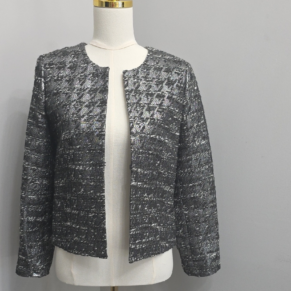 Vintage J. Crew Phoebe Metallic Houndstooth Cropped Open Front Jacket